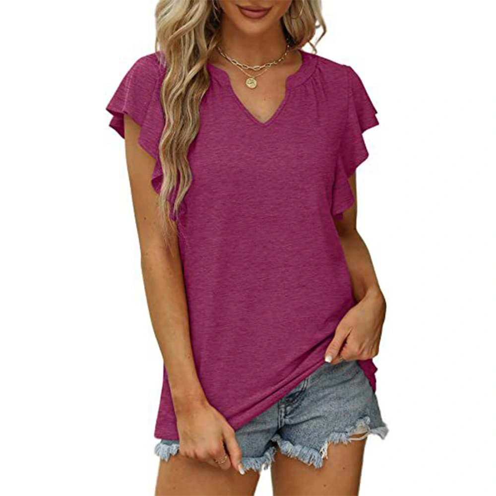 Ruffle Sleeve Blouse V Neck Pure Color Tunic Short Sleeve Blouse Shirt for Women Summer Purple XL