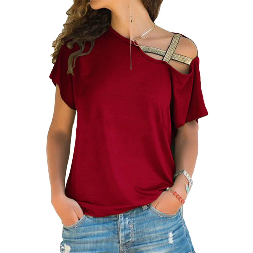 Women Slanted Shoulder Cross Short Sleeve Tops Summer Fashionable Casual Loose Pure Color Women Cold Shoulder T Shirts Wine Red L