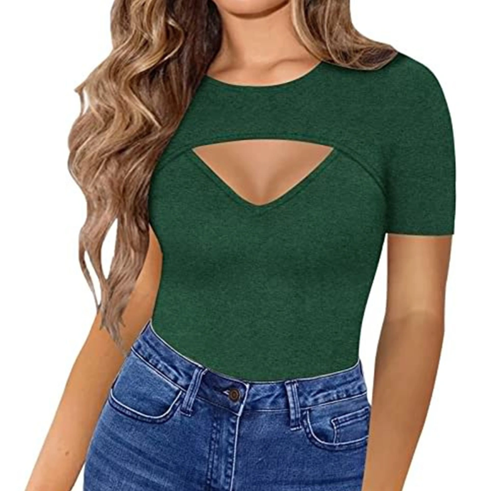 Women Cutout Front Top Short Sleeve Bodycon Slim Fit Pure Color Breathable Pullover T Shirts Dark Green XL