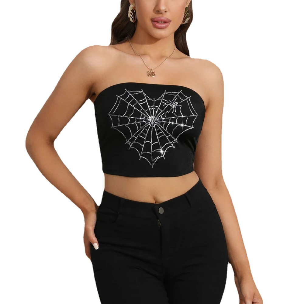 Women Sleeveless Tube Top Casual Breathable Spider Web Pattern Strapless Tube Top for Girls Black M