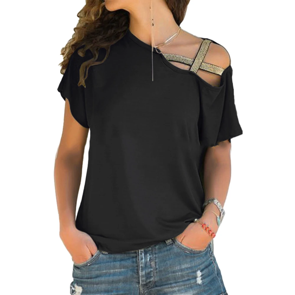 Women Slanted Shoulder Cross Short Sleeve Tops Summer Fashionable Casual Loose Pure Color Women Cold Shoulder T Shirts Black L