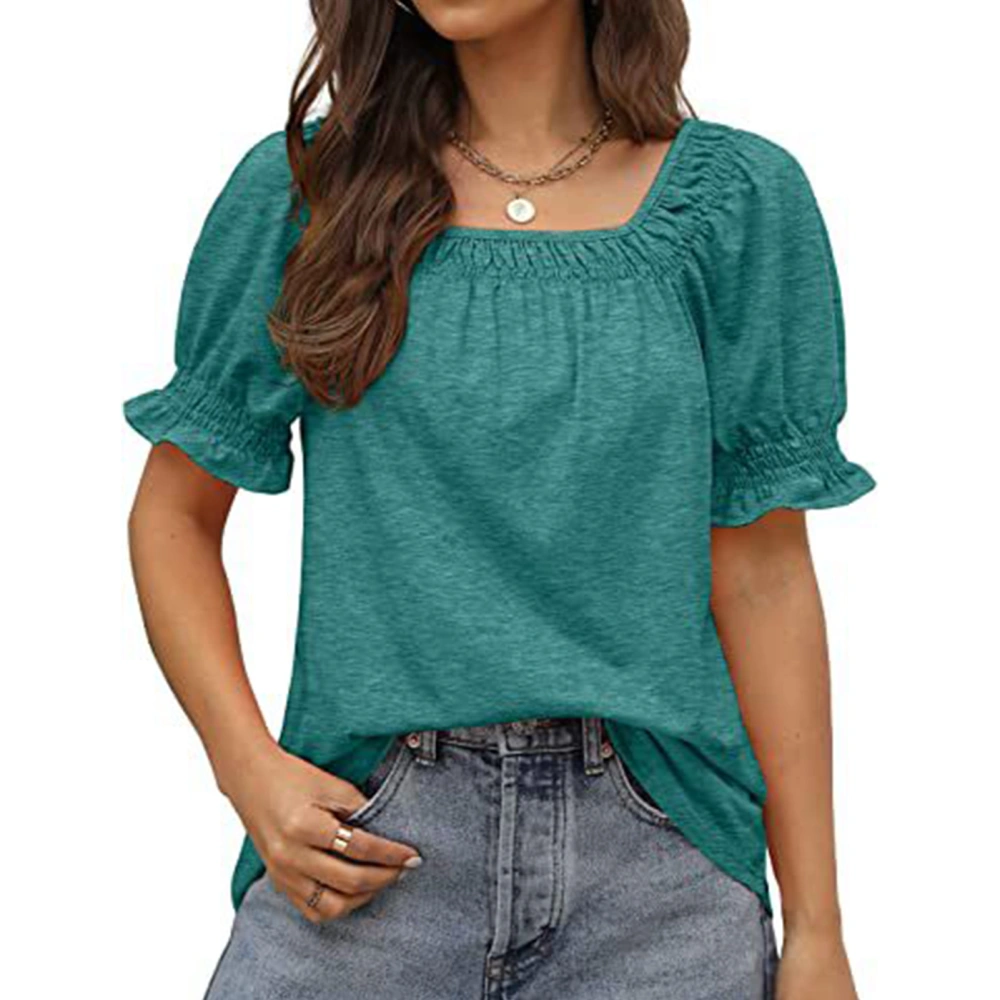 Puff Sleeve T Shirt for Women Pure Color Loose Soft Skin Friendly Fashionable Short Sleeve Blouse for Office Work Outdoor Lake Blue M