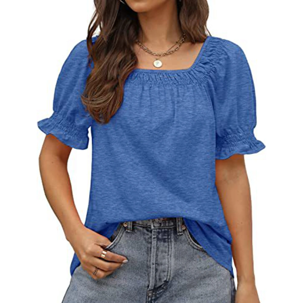 Puff Sleeve T Shirt for Women Pure Color Loose Soft Skin Friendly Fashionable Short Sleeve Blouse for Office Work Outdoor Blue L