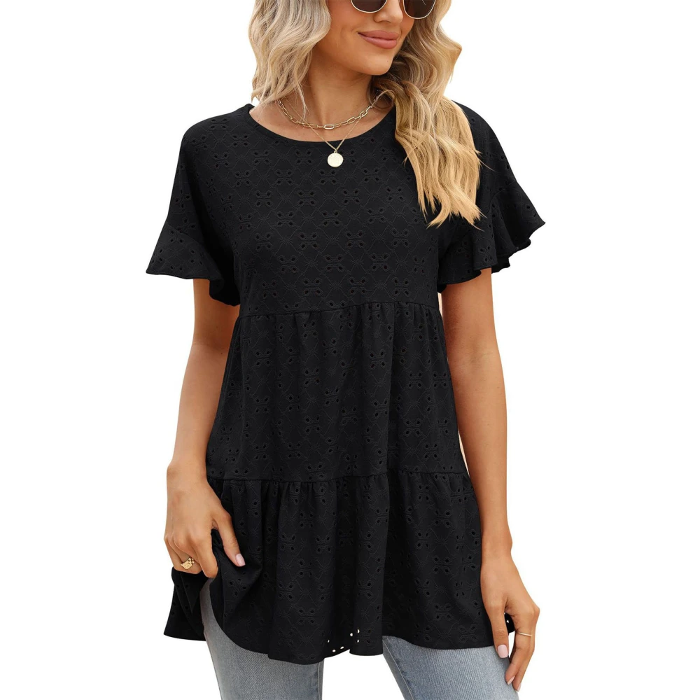 Women T Shirt Crew Neck Short Ruffle Sleeve Hollow Out Pure Color Loose Fitting Elegant Summer Pullover Top Black L