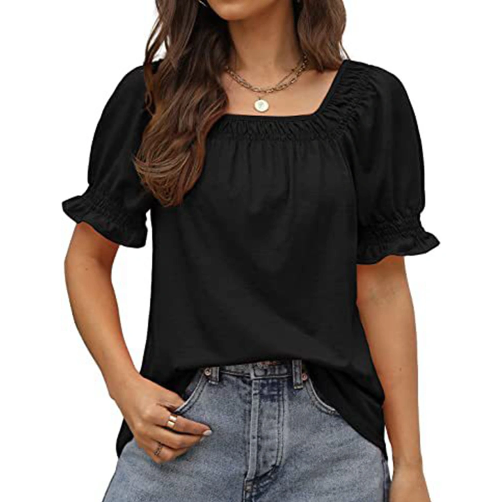 Puff Sleeve T Shirt for Women Pure Color Loose Soft Skin Friendly Fashionable Short Sleeve Blouse for Office Work Outdoor Black XL