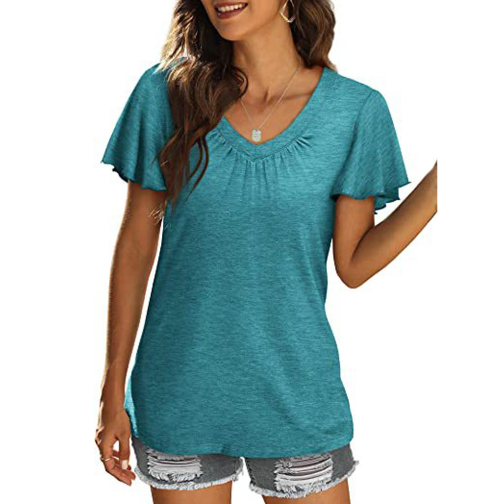 Short Sleeve Top with Ruffle Cuffs Pleated V Neck Women Casual T Shirt for Daily Wear Lake Blue L