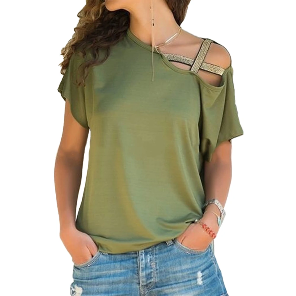 Women Slanted Shoulder Cross Short Sleeve Tops Summer Fashionable Casual Loose Pure Color Women Cold Shoulder T Shirts OD Green L