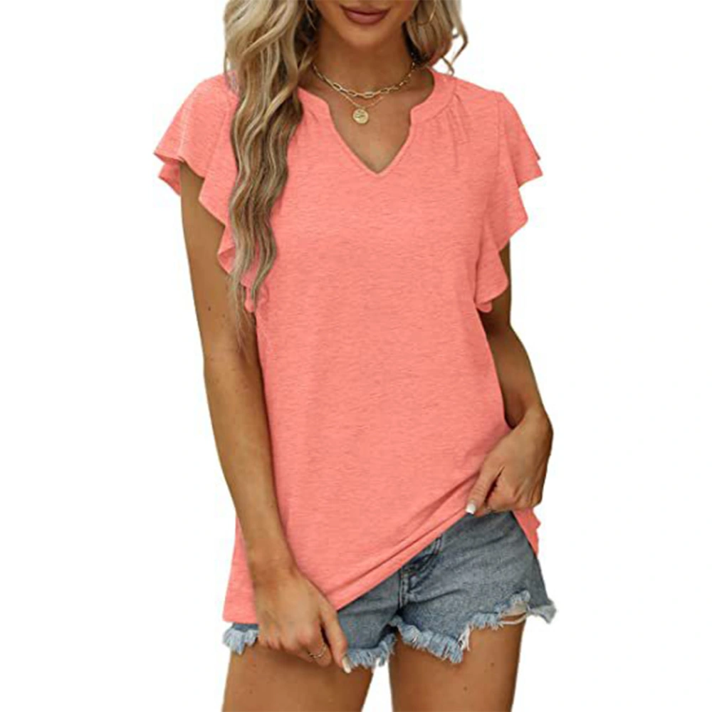 Ruffle Sleeve Blouse V Neck Pure Color Tunic Short Sleeve Blouse Shirt for Women Summer Pink XXL