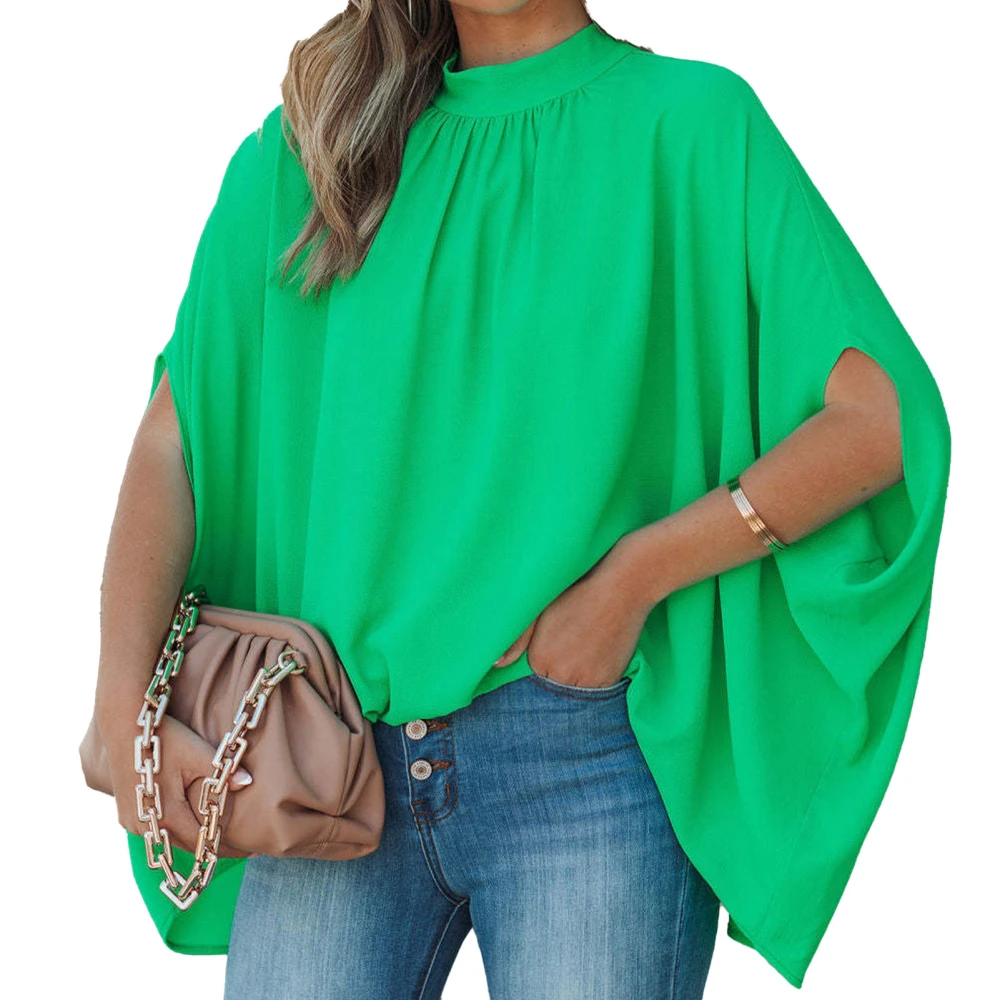 Women Stand Collar Top Half Sleeves Loose Type Pure Color Casual T Shirt for Summer viridis XXL