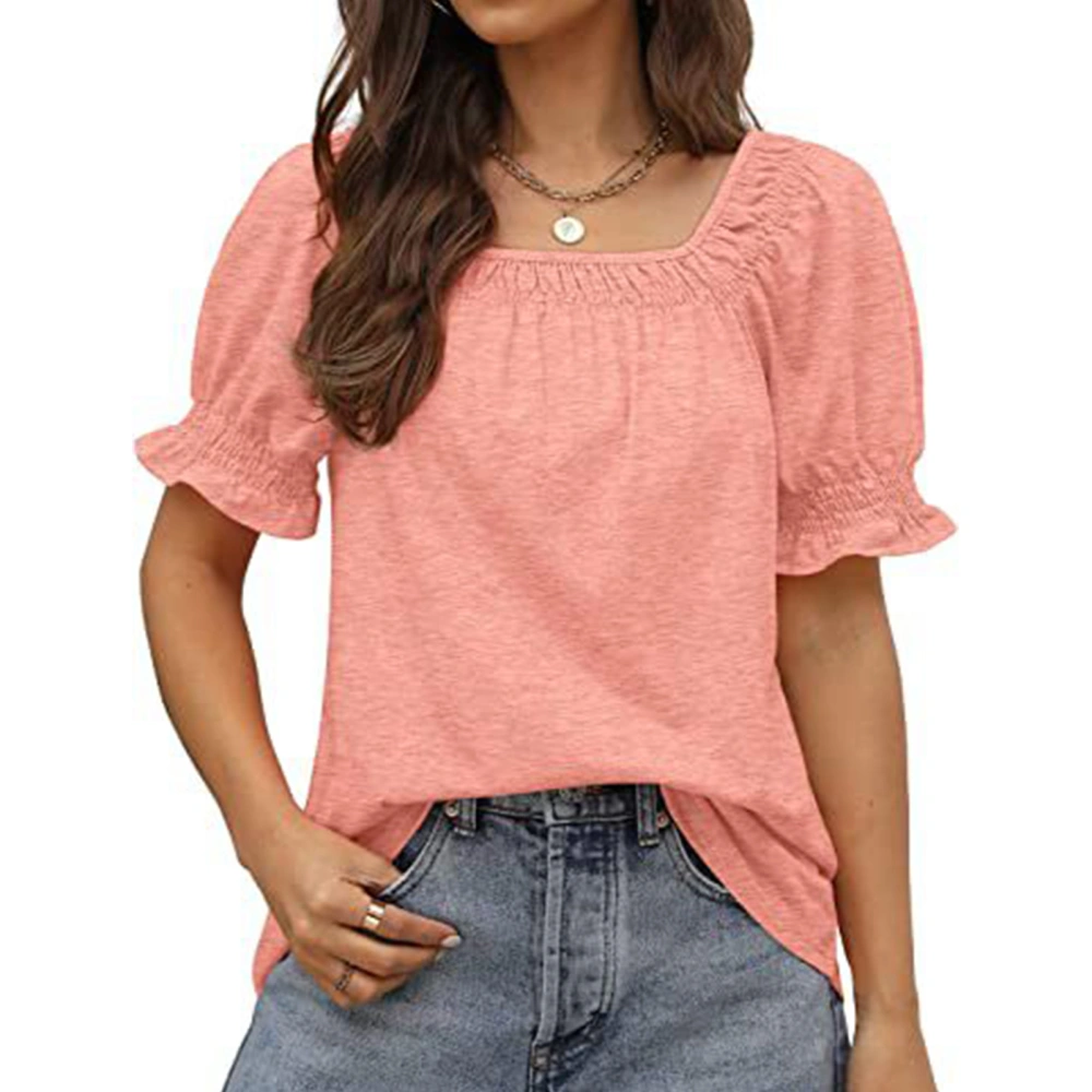 Puff Sleeve T Shirt for Women Pure Color Loose Soft Skin Friendly Fashionable Short Sleeve Blouse for Office Work Outdoor Pink L