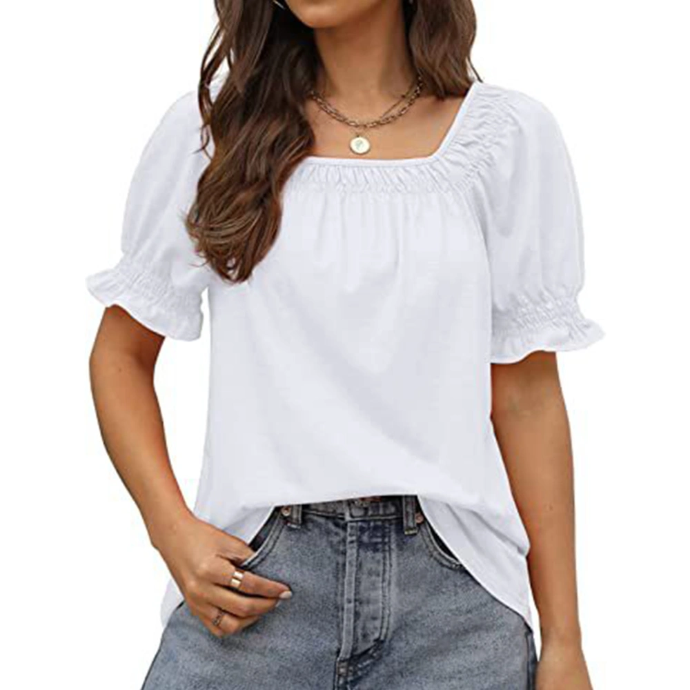 Puff Sleeve T Shirt for Women Pure Color Loose Soft Skin Friendly Fashionable Short Sleeve Blouse for Office Work Outdoor White S