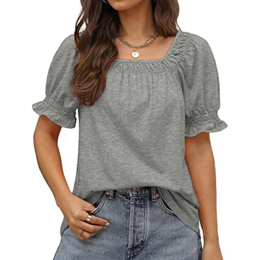 Puff Sleeve T Shirt for Women Pure Color Loose Soft Skin Friendly Fashionable Short Sleeve Blouse for Office Work Outdoor Grey XL