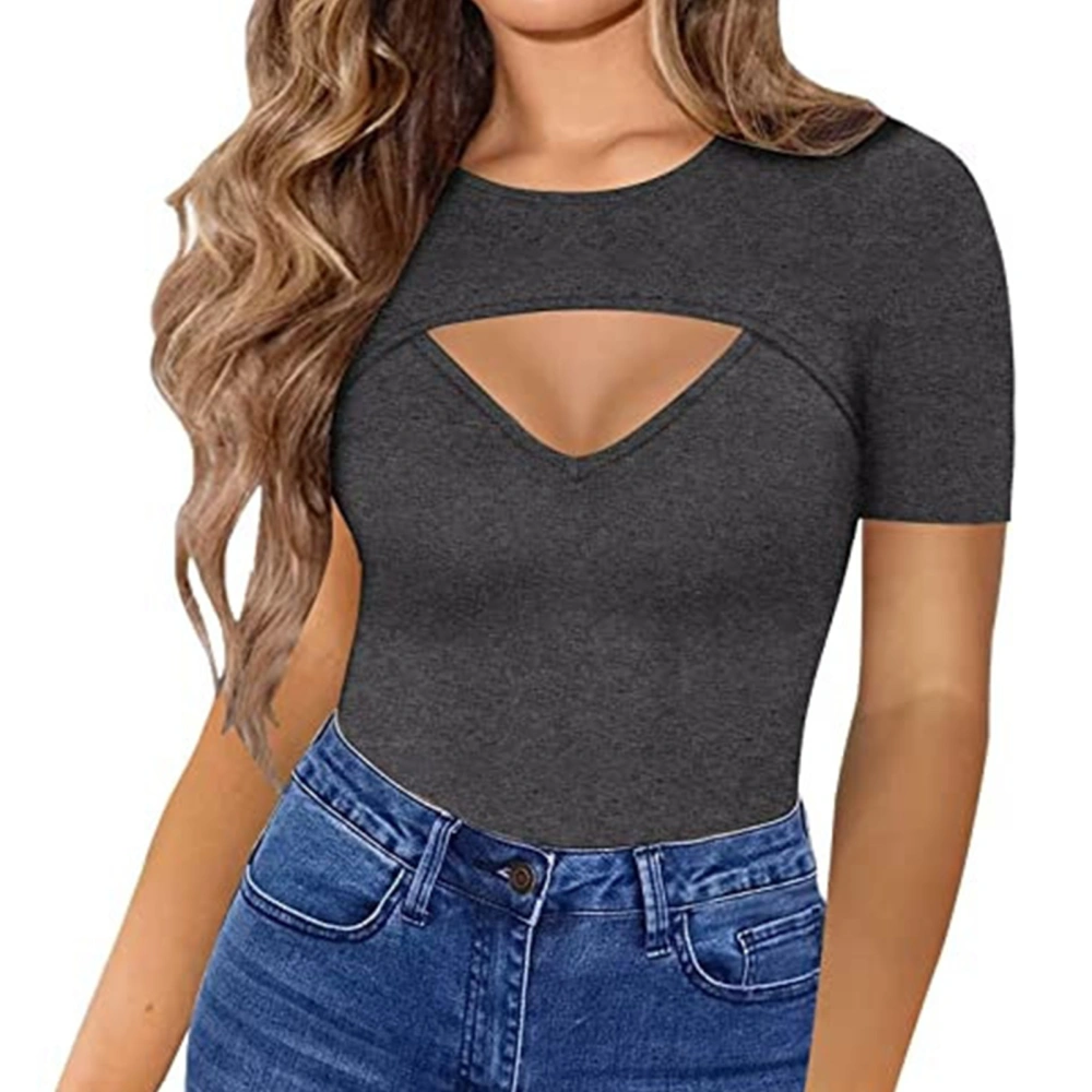 Women Cutout Front Top Short Sleeve Bodycon Slim Fit Pure Color Breathable Pullover T Shirts Dark Gray S