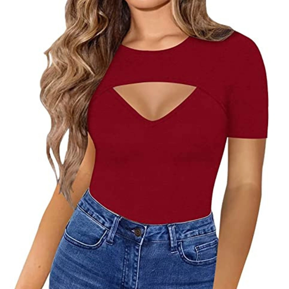 Women Cutout Front Top Short Sleeve Bodycon Slim Fit Pure Color Breathable Pullover T Shirts Wine Red L