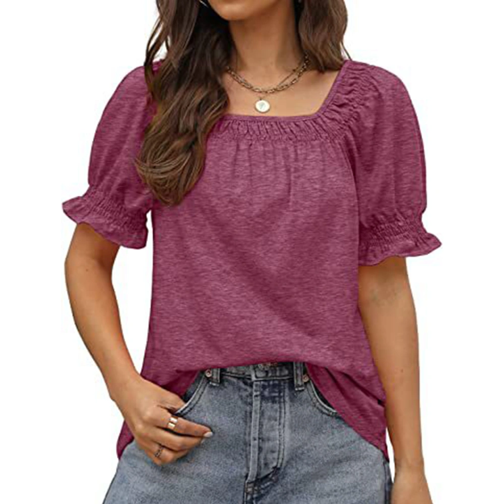 Puff Sleeve T Shirt for Women Pure Color Loose Soft Skin Friendly Fashionable Short Sleeve Blouse for Office Work Outdoor Purple XXL