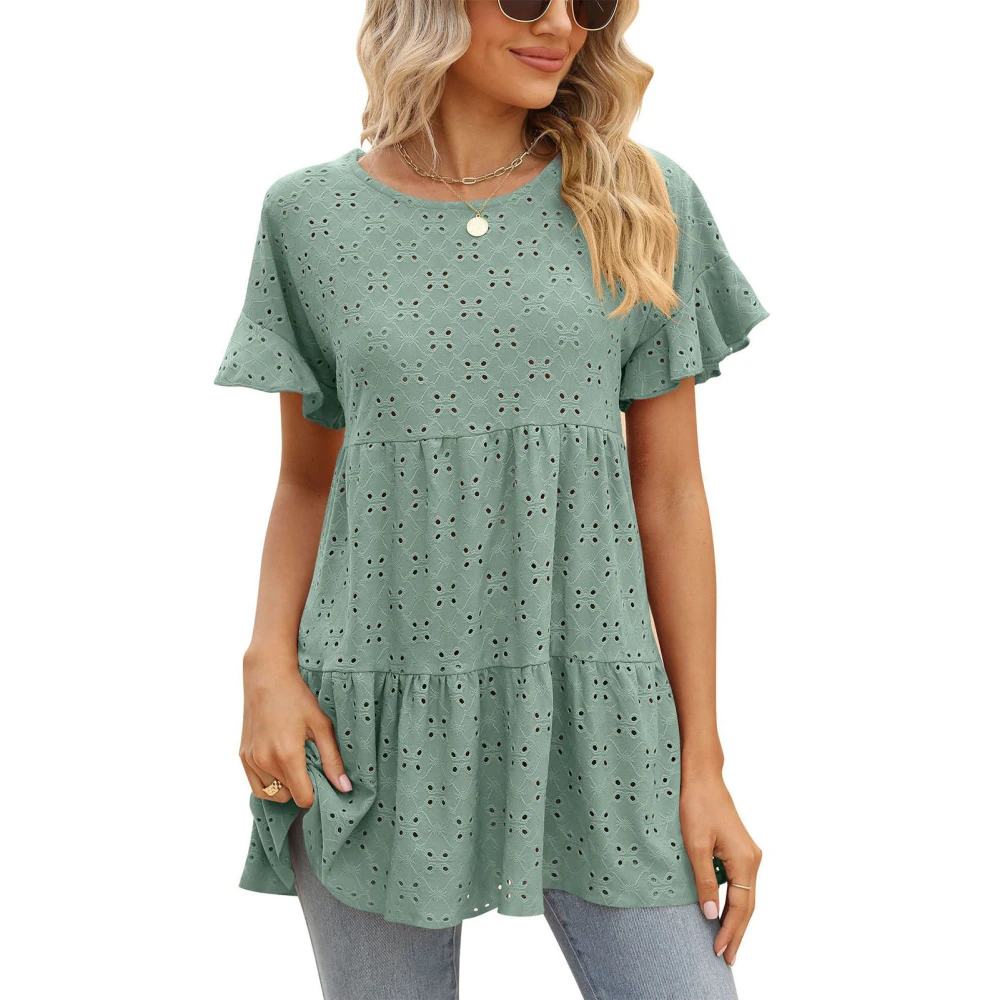 Women T Shirt Crew Neck Short Ruffle Sleeve Hollow Out Pure Color Loose Fitting Elegant Summer Pullover Top Green XXL