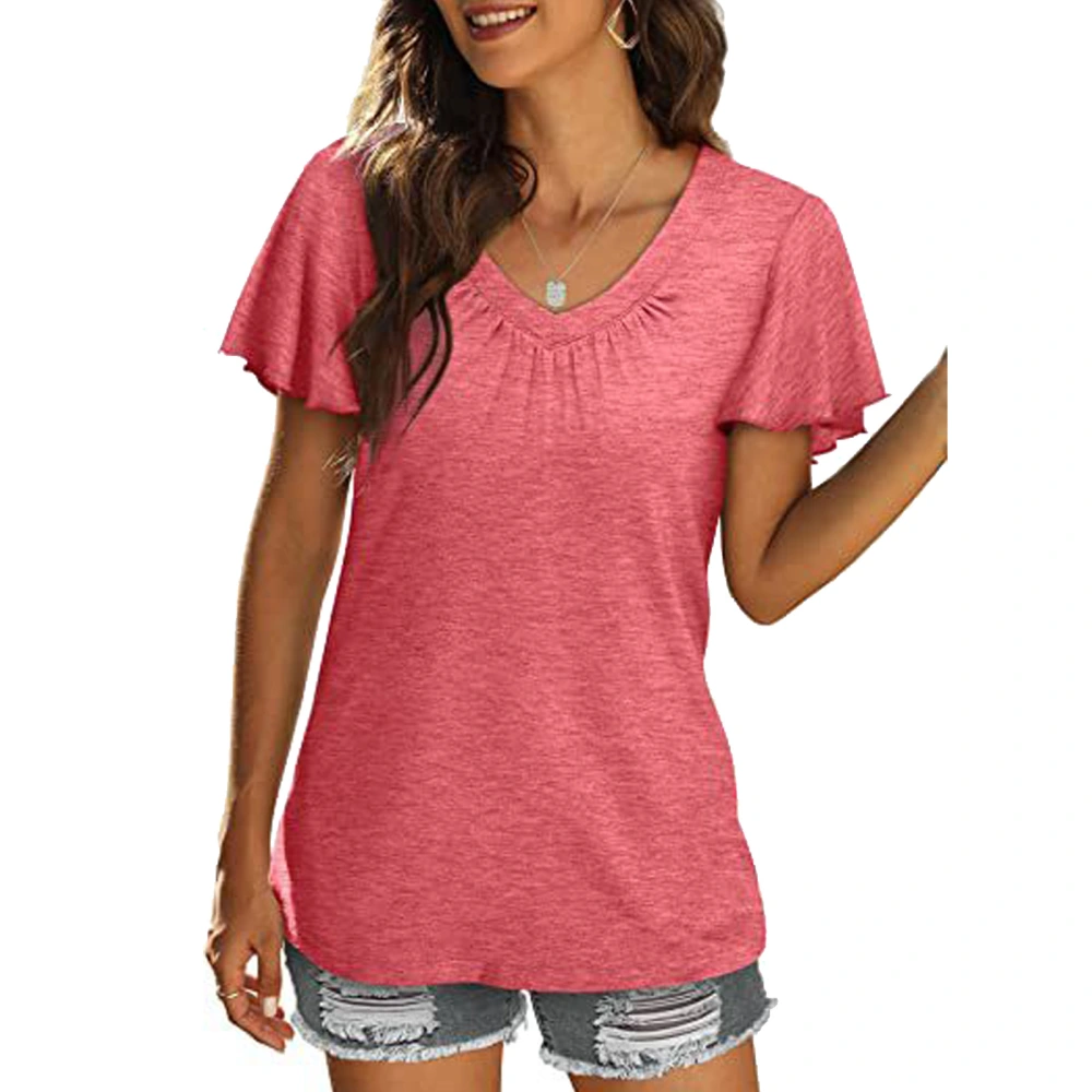 Short Sleeve Top with Ruffle Cuffs Pleated V Neck Women Casual T Shirt for Daily Wear Pink XXL