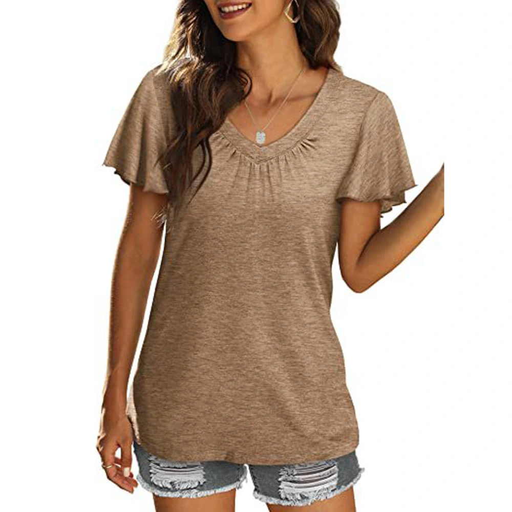 Short Sleeve Top with Ruffle Cuffs Pleated V Neck Women Casual T Shirt for Daily Wear Khaki XL