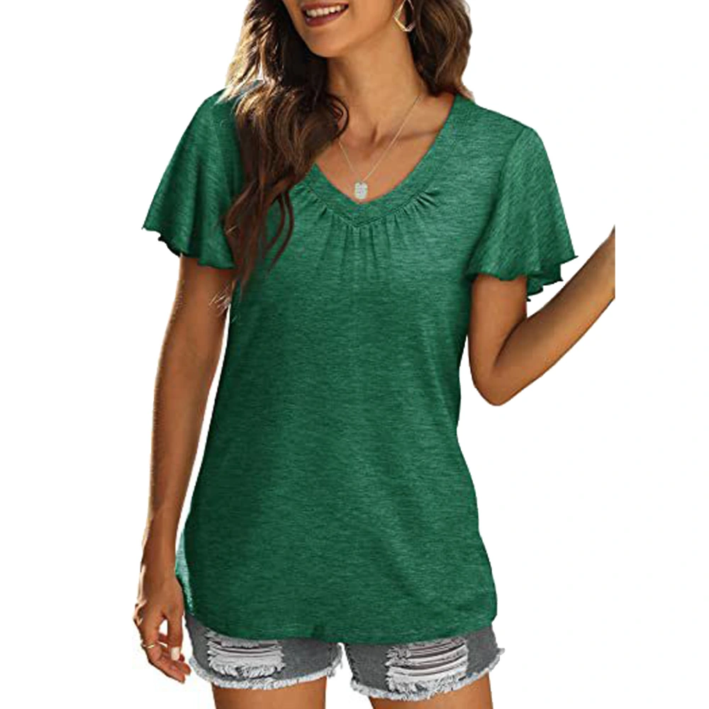 Short Sleeve Top with Ruffle Cuffs Pleated V Neck Women Casual T Shirt for Daily Wear Green XXL