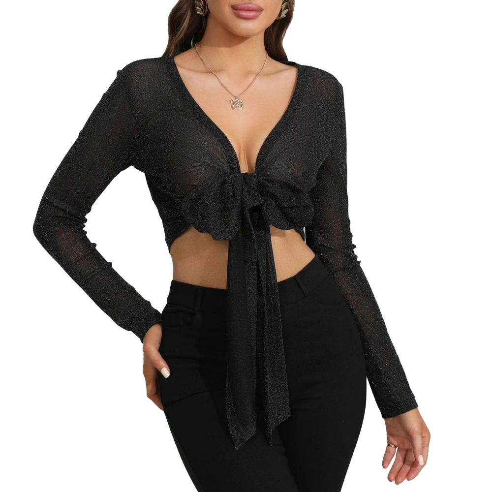 Knot V Neck Top Perspective Long Sleeve Lightweight Breathable Charming Fashionable for Women Black M