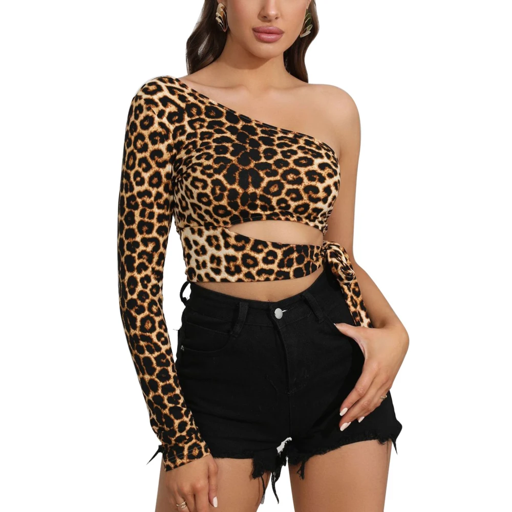 Women Long Seeleve One Shoulder Top Tie Knot Side Leopard Print Cropped Blouse for Dating Party Shopping Leopard Print XL