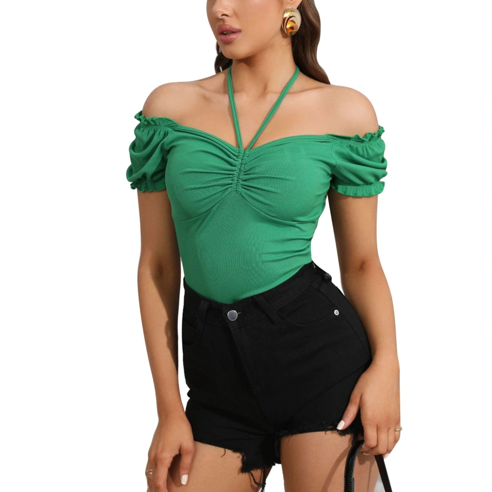 Woman Off Shoulder Blouse Deep V Neck Puff Short Sleeved Halterneck Tie Front Summer Tops Green L