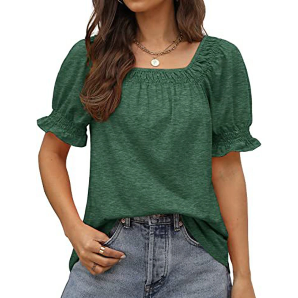 Puff Sleeve T Shirt for Women Pure Color Loose Soft Skin Friendly Fashionable Short Sleeve Blouse for Office Work Outdoor Dark Green XXL