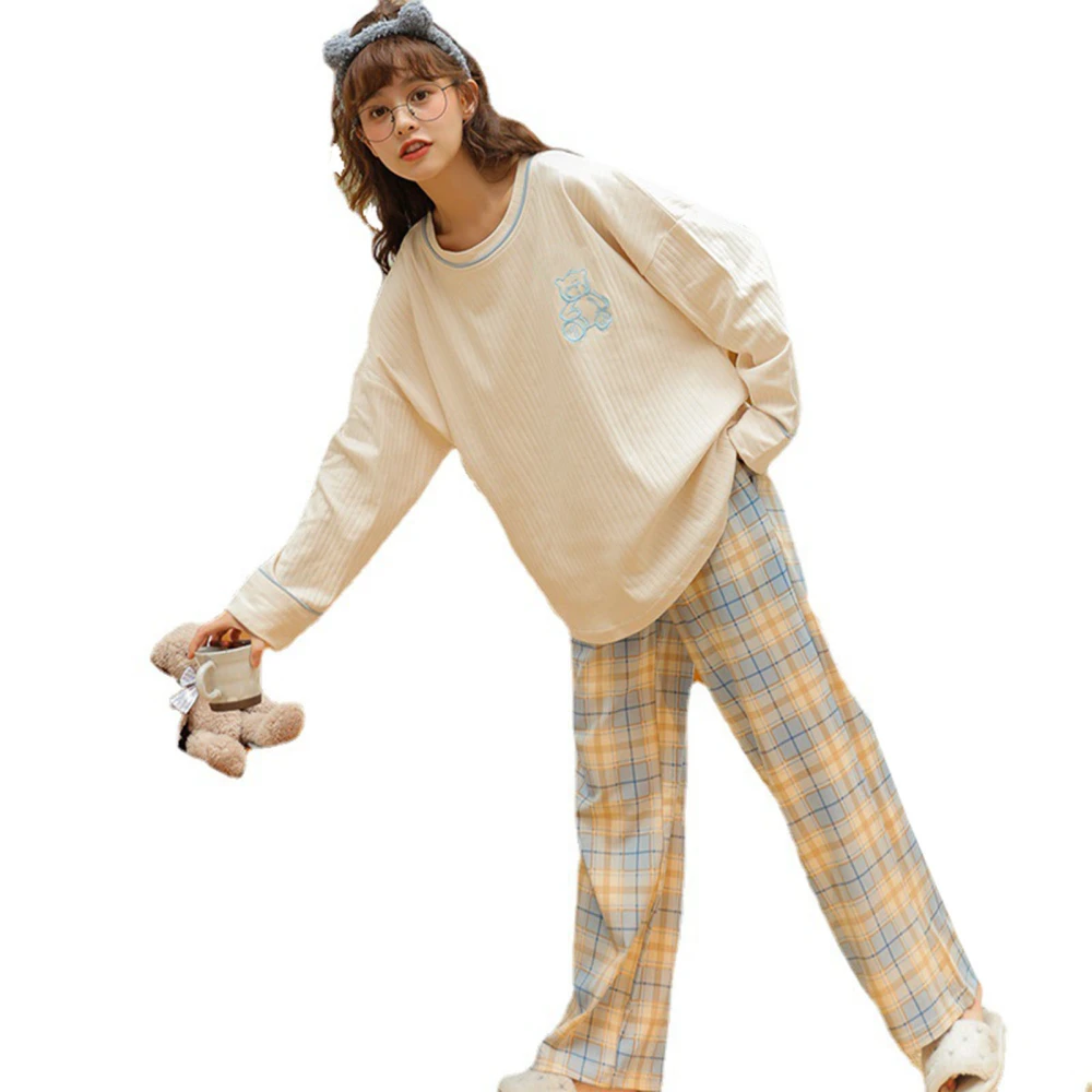 Women Long Sleeve Pajama Set 2 Piece Plaid Pants Crew Neck Loose Fitting Loungewear Sleepwear Set Blue XL 126.8-148.8lb