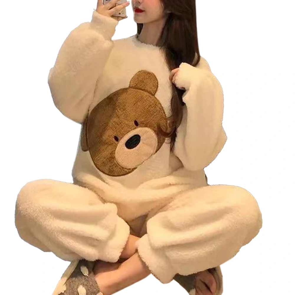 Fluffy Pajamas Long Sleeved Bear Pattern Cartoon Thicken Plush Sleepwear for Women Winter White L