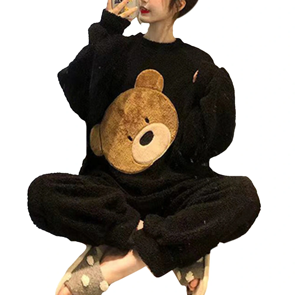 Fluffy Pajamas Long Sleeved Bear Pattern Cartoon Thicken Plush Sleepwear for Women Winter Black XL