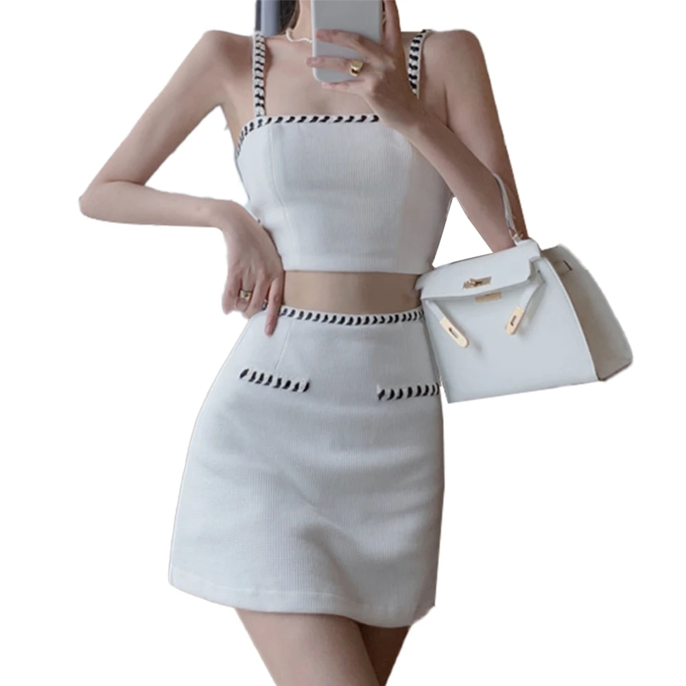 Women Strappy Top and Skirt Set Girls High Waist Spaghetti Strap Top Short Skirt 2 Piece Outfits for Summer Daily Party White Free Size