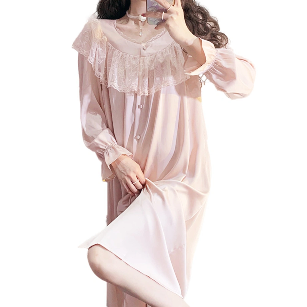 Long Sleeve Button Up Nightgown Women Retro Elegant Lace Nightdress Loungewear for Home BBB-05 XL for 143.3‑170.9lb