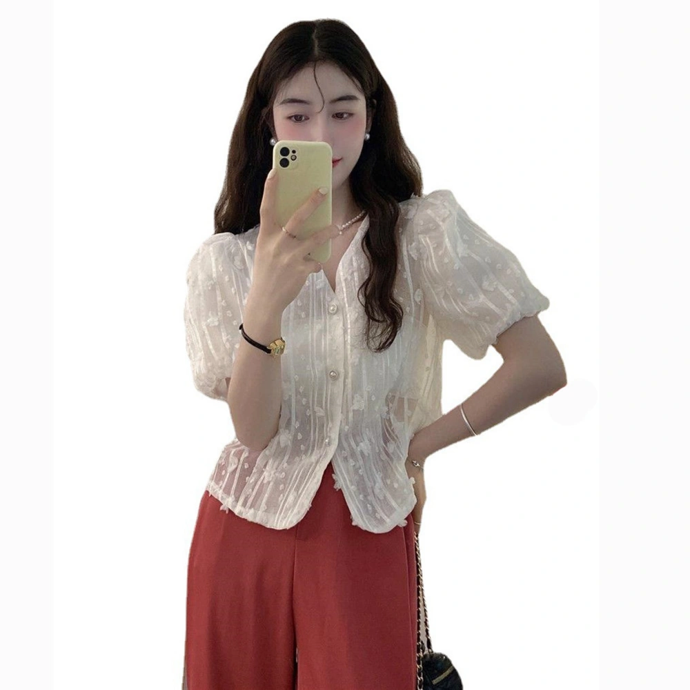 Women Summer Short Puff Sleeve Tops Fashionable Sweet Floral Embroidery Womens V Neck Blouse Shirt for Daily Date Work White L