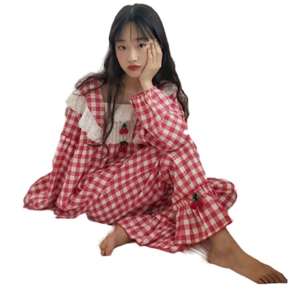 Women Plaid Pajamas Set Knitted Cherry Decor Long Sleeve Lace Top Ruffle Bottom Pants Loungewear Sleepwear Red XL