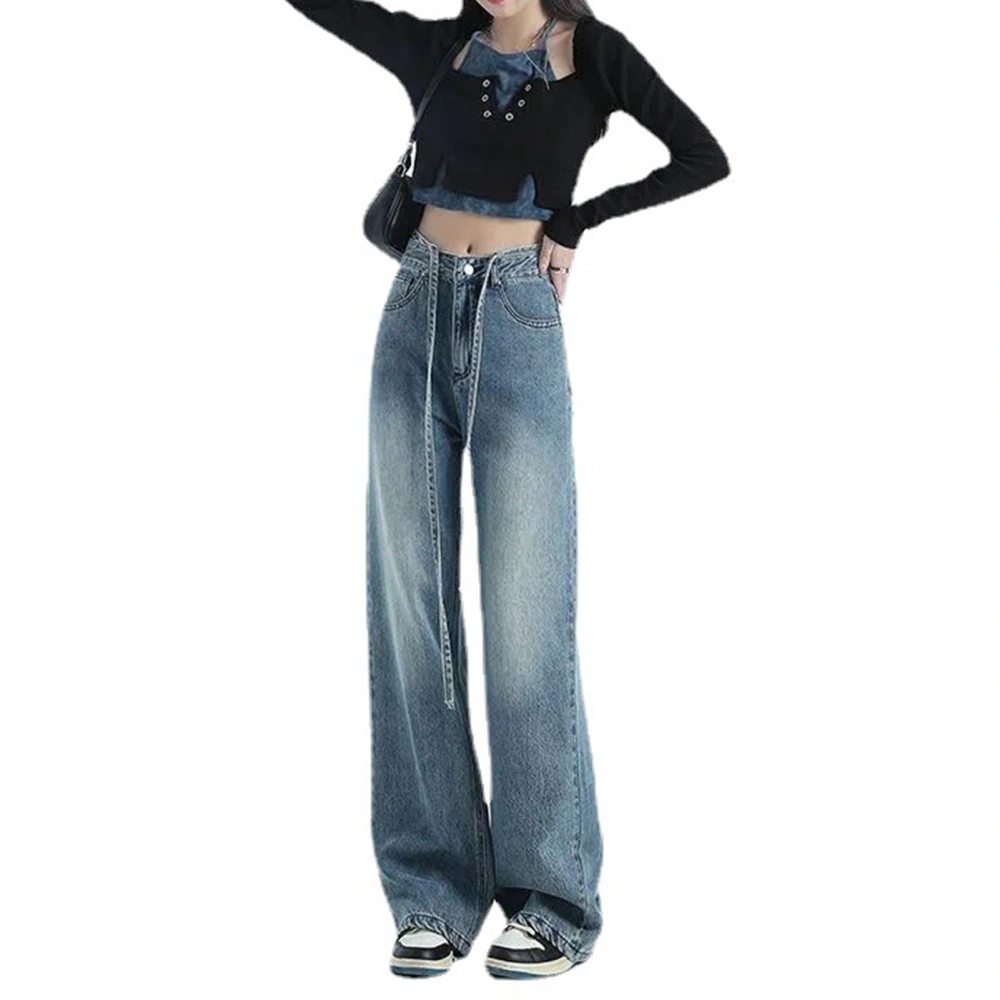 Wide Leg Denim Pants with Belt Women Straight Leg Loose Pants for Daily Wear Vintage Style Light Blue S