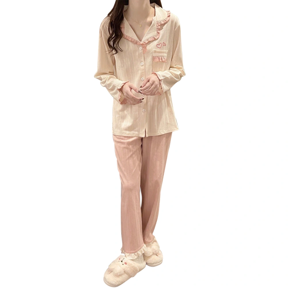 Women Long Sleeve Pajamas Set Heart Pattern Ruffled Turn Down Collar Full Length Pants Sleepwear Pink L