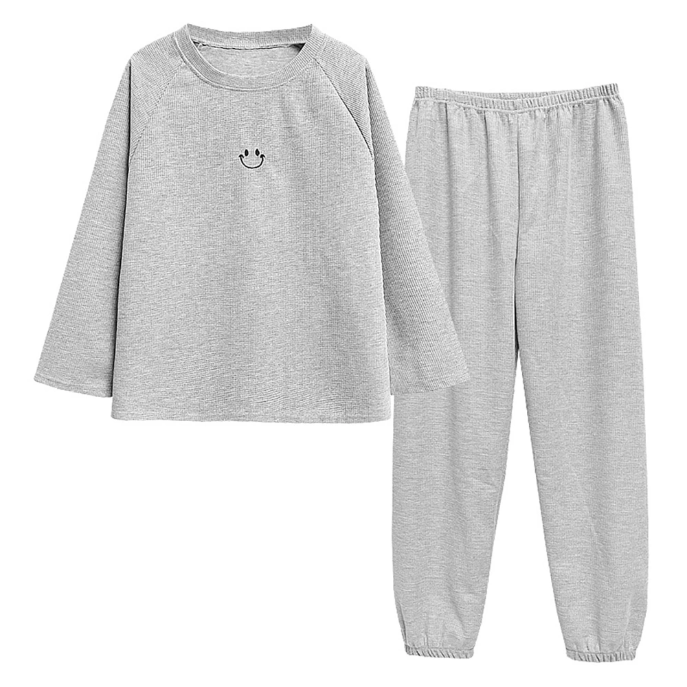 Pajamas Set Long Sleeve Waffle Pattern Comfortable Casual Sleep Set Sleepwear for Home Holiday Grey L for 47.5 to 52.5kg