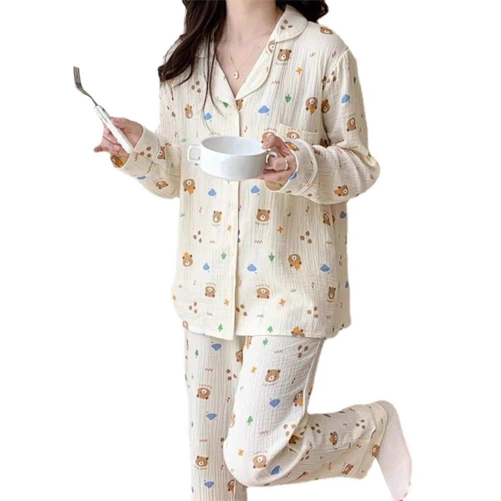 Cartoon Bear Long Sleeved Sleepwear Soft Button Down Nightwear Two Piece Loungewear Set Apricot XL