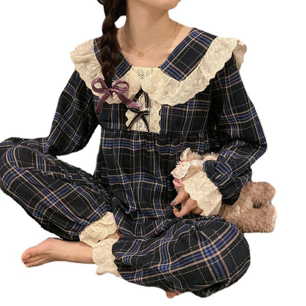 Women Plaid Pajamas Set Comfortable Doll Collar Long Sleeve Cute Lace Plaid Sleepwear for Home Black Plaid Doll Neck Lace L