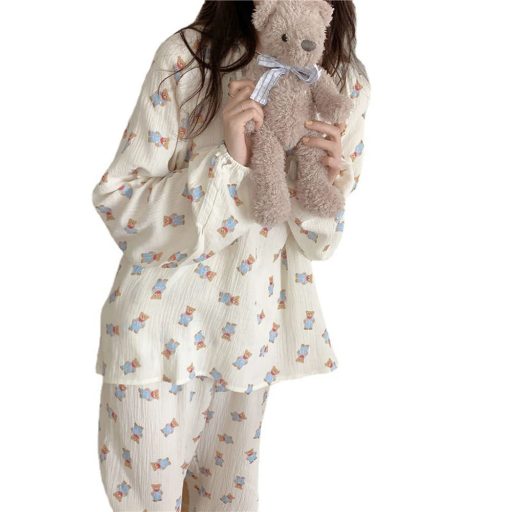 Women Long Sleeve Sleepwear Set Tie Front Elastic Cuffs Casual Loose Fitting Long Sleeve Pajama Set Blue Bear Print XL