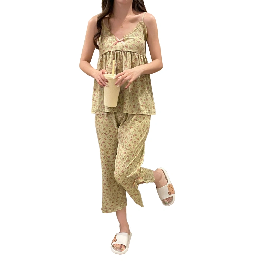 Women Floral Print Camisole Pajama Set Spaghetti Strap Frill Trim Bow V Neck Tank Top Pants Sleepwear Long Pants L