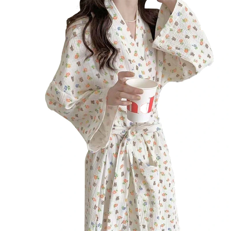 Japanese Style Robe Long Sleeve Lovely Cartoon Pattern Printed Robe for Women Girls Cherry L