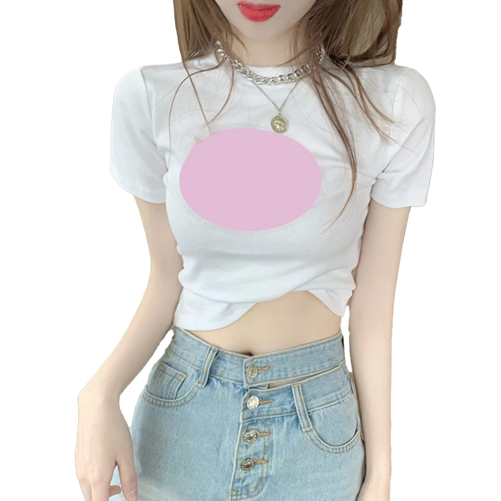 Round Neck Short Sleeve Top Polyester Letter Print Crop Tops for Women Or Teen Girls White M