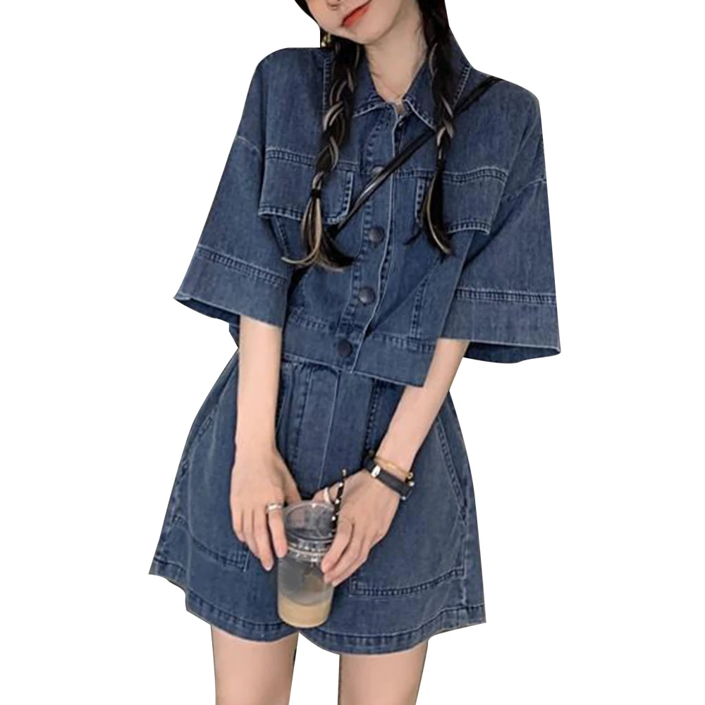 Denim Two Piece Set Women Casual Short Sleeve Suit Girls Loose Top and Pants for Summer Dark Blue S