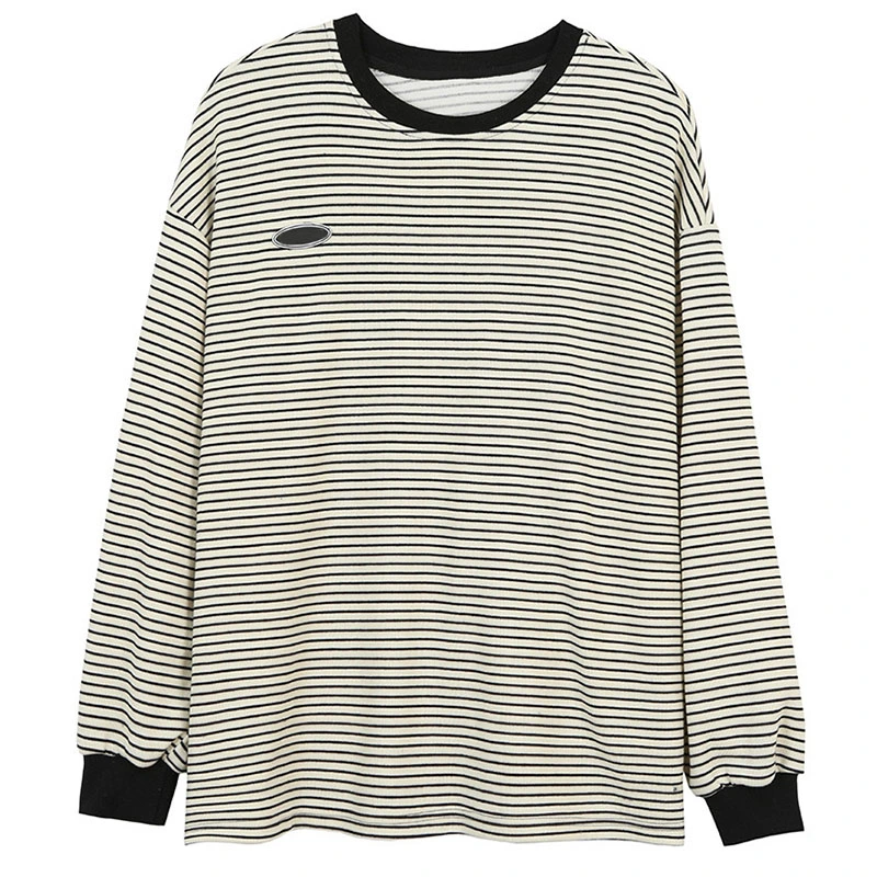 Women Striped Crewneck Sweatshirt Long Sleeve Casual Loose Fitting Breathable Pullover Shirt Apricot L