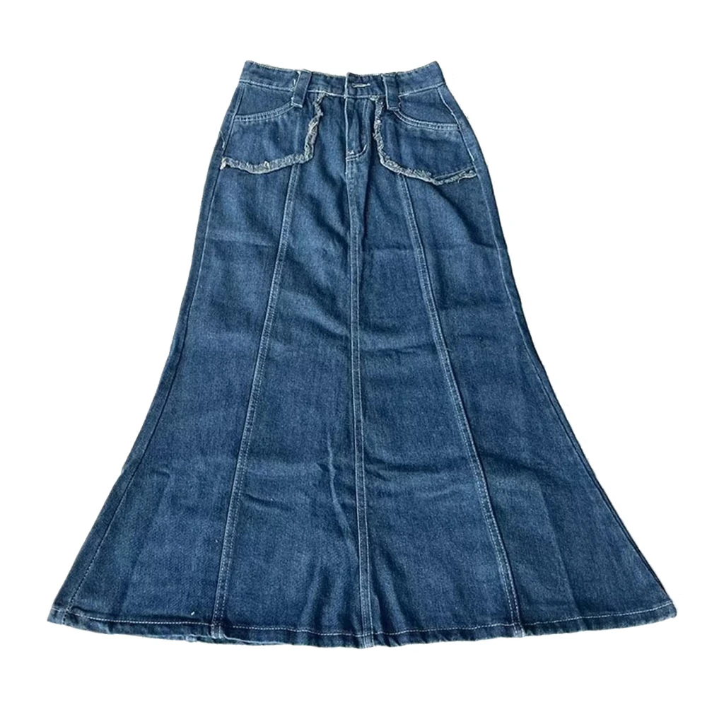 Women Casual Denim Skirt High Waist A Line Fishtail Autumn Skirt with Pockets Vintage Style Retro Blue L