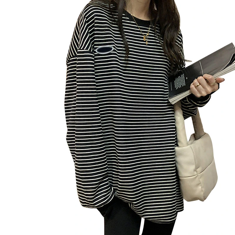 Women Striped Crewneck Sweatshirt Long Sleeve Casual Loose Fitting Breathable Pullover Shirt Black L