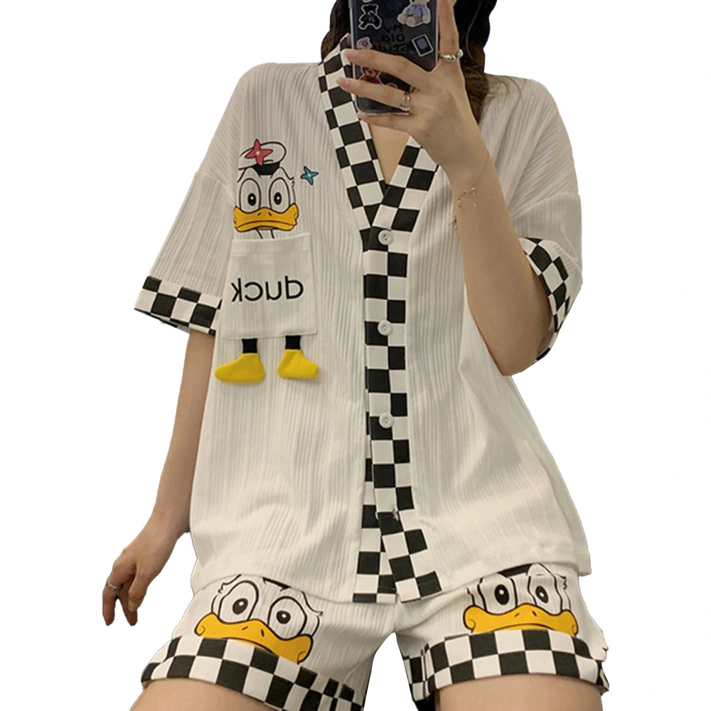 Women Pajamas Set V Neck Cute Duck Pattern Chest Pocket Short Sleeve Top Shorts Summer 2 Piece Sleepwear Plaid Collar XXL