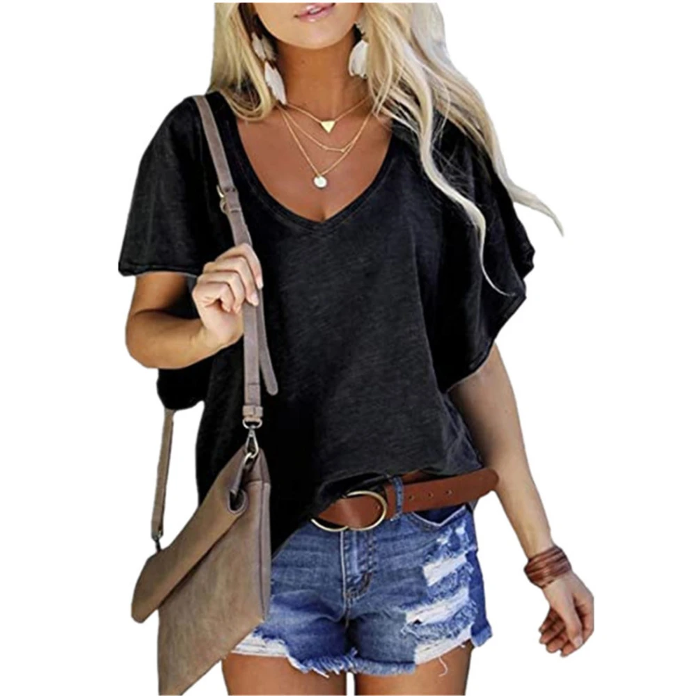 Ruffle Sleeve Blouse V Neck Pure Color Casual Blouse Shirt Top for Women Dating Summer Black XL