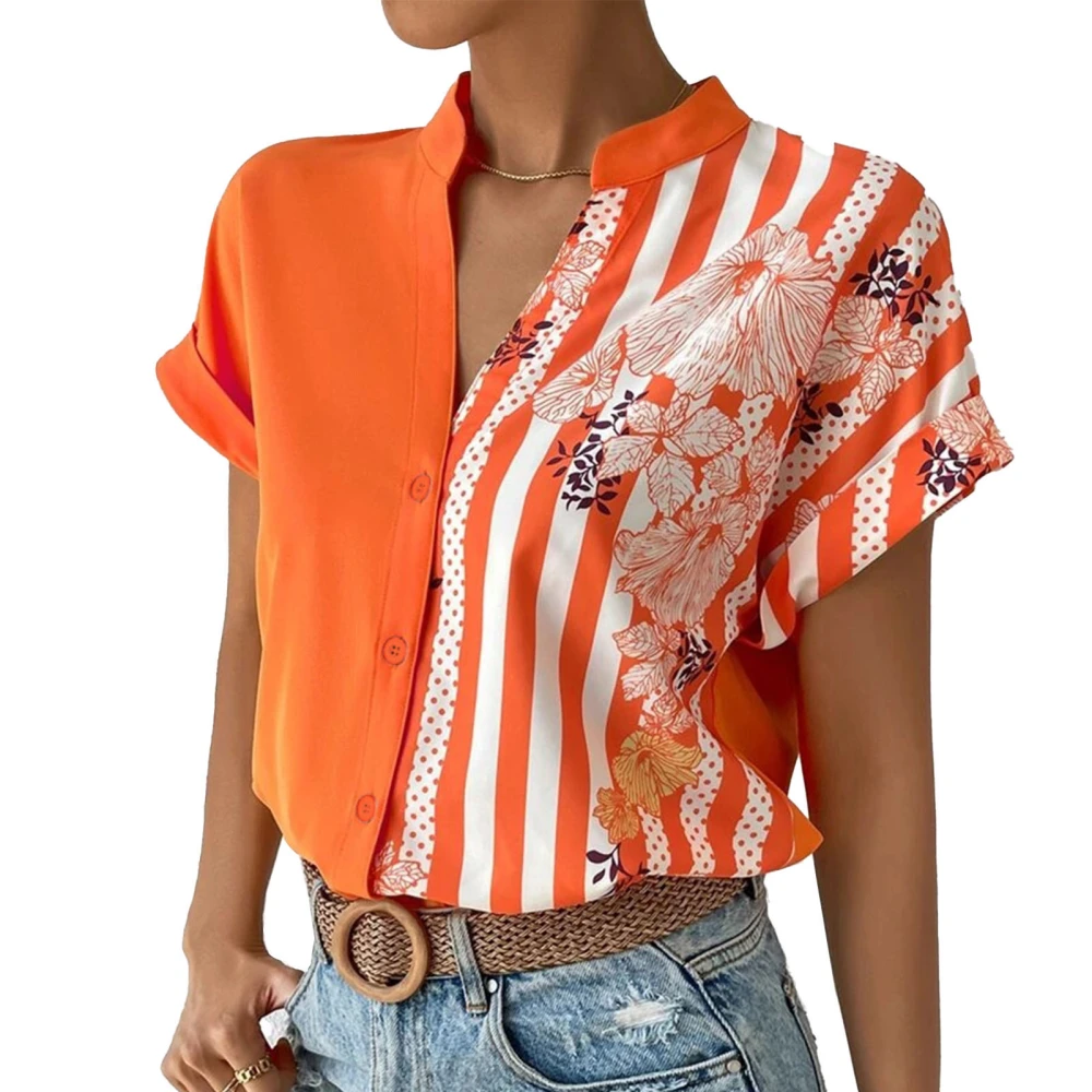 Short Sleeve Button Up Shirt Women Loose Casual Pure Color Floral Print Color Block Splicing Blouse Top Orange S